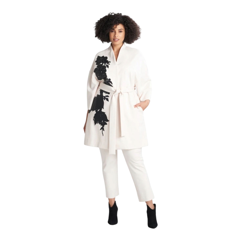 Natori Double Knit Belted Kimono Jacket – Ivory/Black Size XXL
